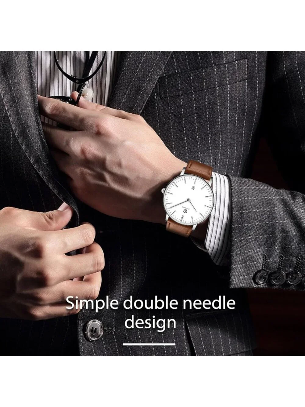 Mens White Dial Brown Leather Strap Analog Minimalist Fashion Simple Wrist Watch